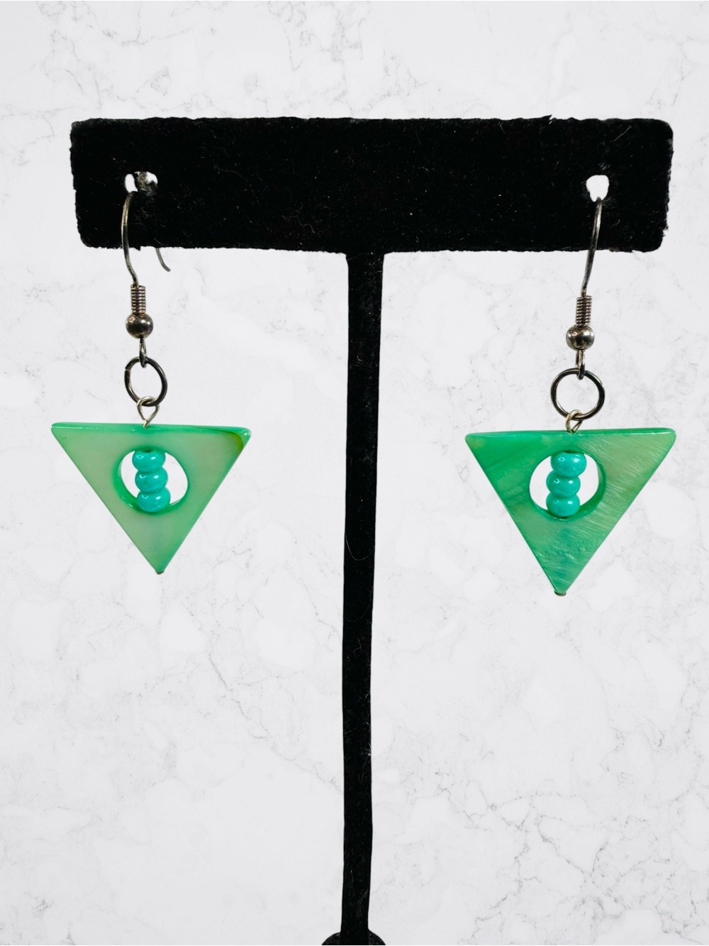Green Jade Jadeite Hook Dangle Drop Earrings Triangle Southwestern Beaded Cutout